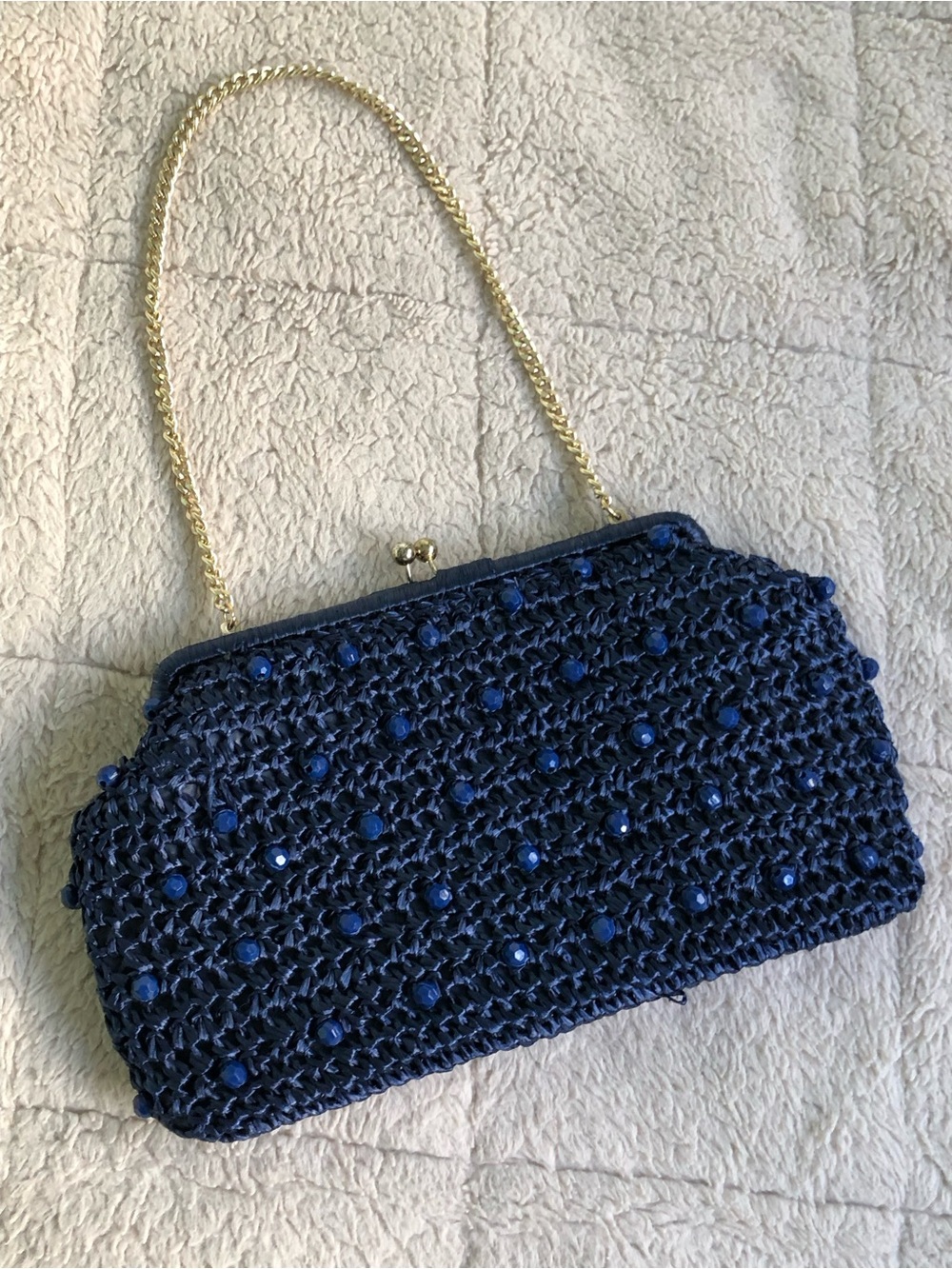 Vintage Duval Blue Beaded Crochet Straw Kiss Lock Shoulder Bag Clutch
